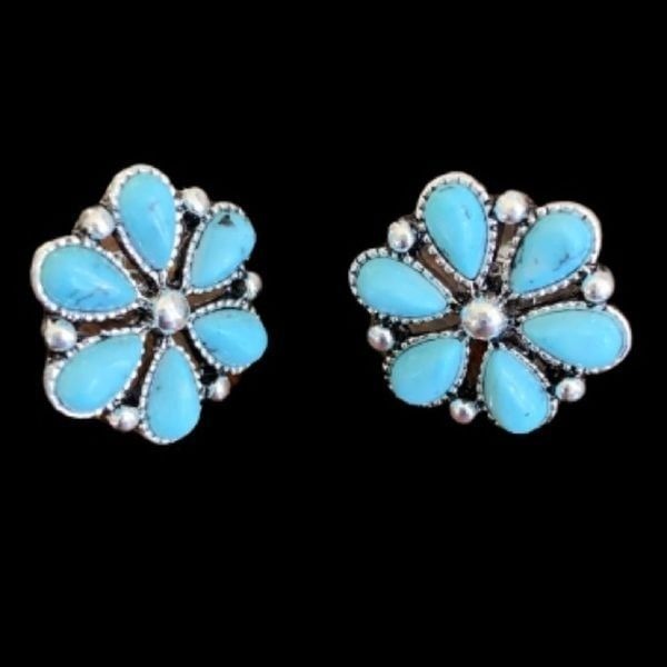 Southwestern Style Turquoise Tone Squash Blossom Flower Cluster Earrings NEW