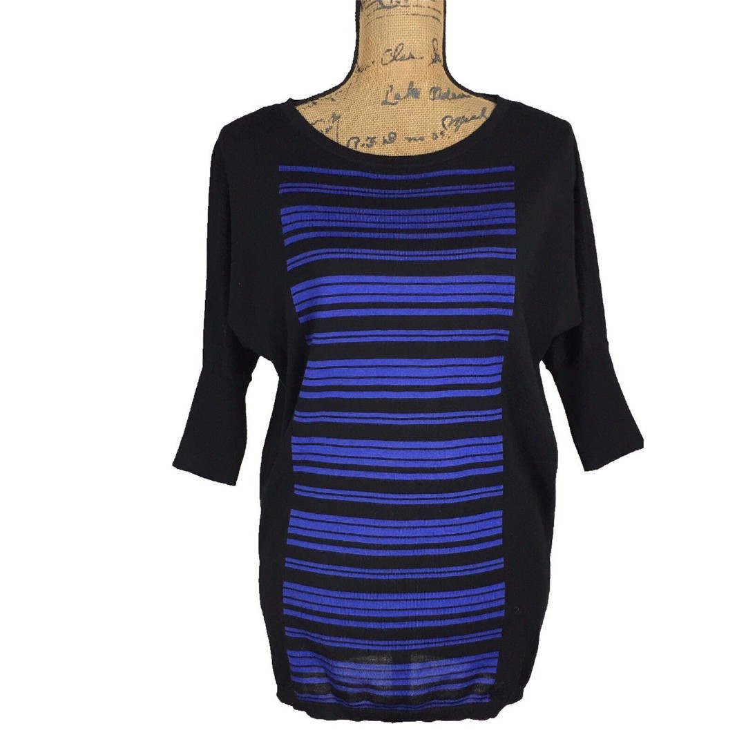 Ann Taylor Sweater XS Black Royal Blue Color Block Stripe Slouchy Wool Bl Tunic