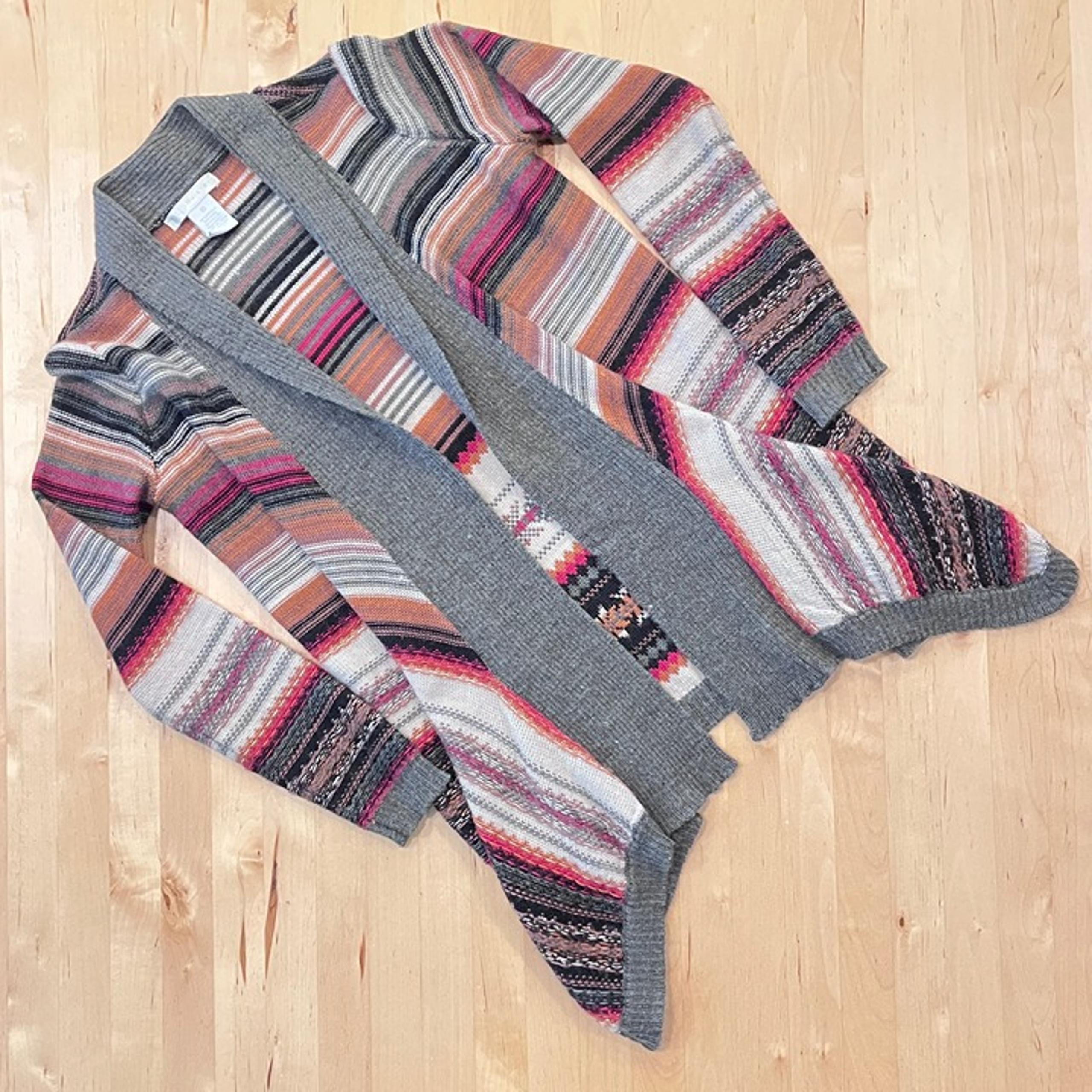Design History Fair Isle Stripe Open Front Cardigan XS Wool Blend Wrap Sweater