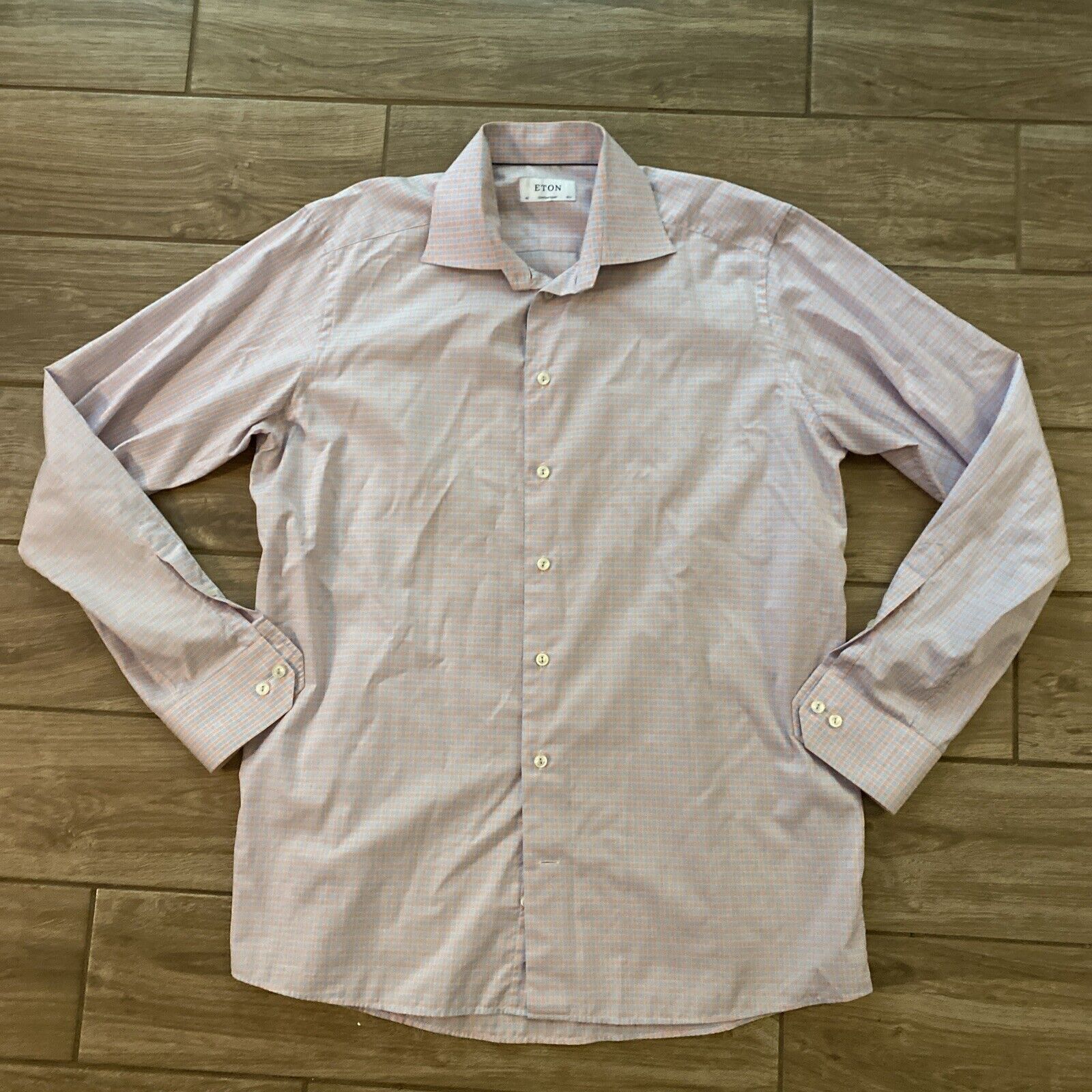 ETON Light Red & Blue Plaid Dress Shirt Contemporary Fine Twill Size 42 / 16.5