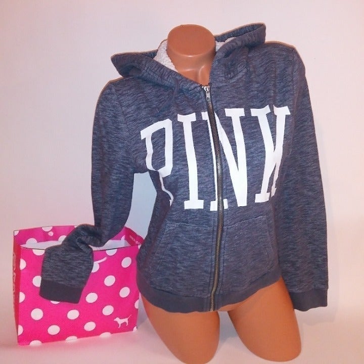 Victoria Secret PINK Hoodie Small Gray Logo Long Sleeve Sherpa Hooded Sweater Bu