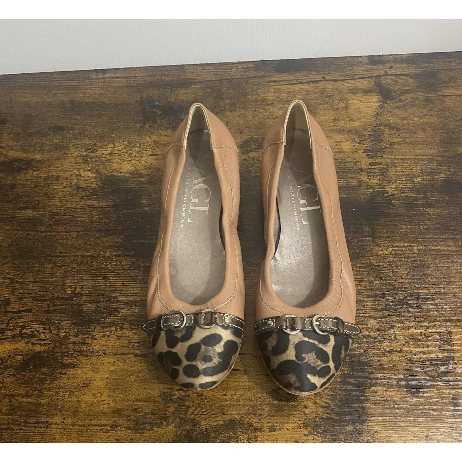 AGL Monika Ballet Flats Womens Sz 12 Tan Leopard Cap Toe