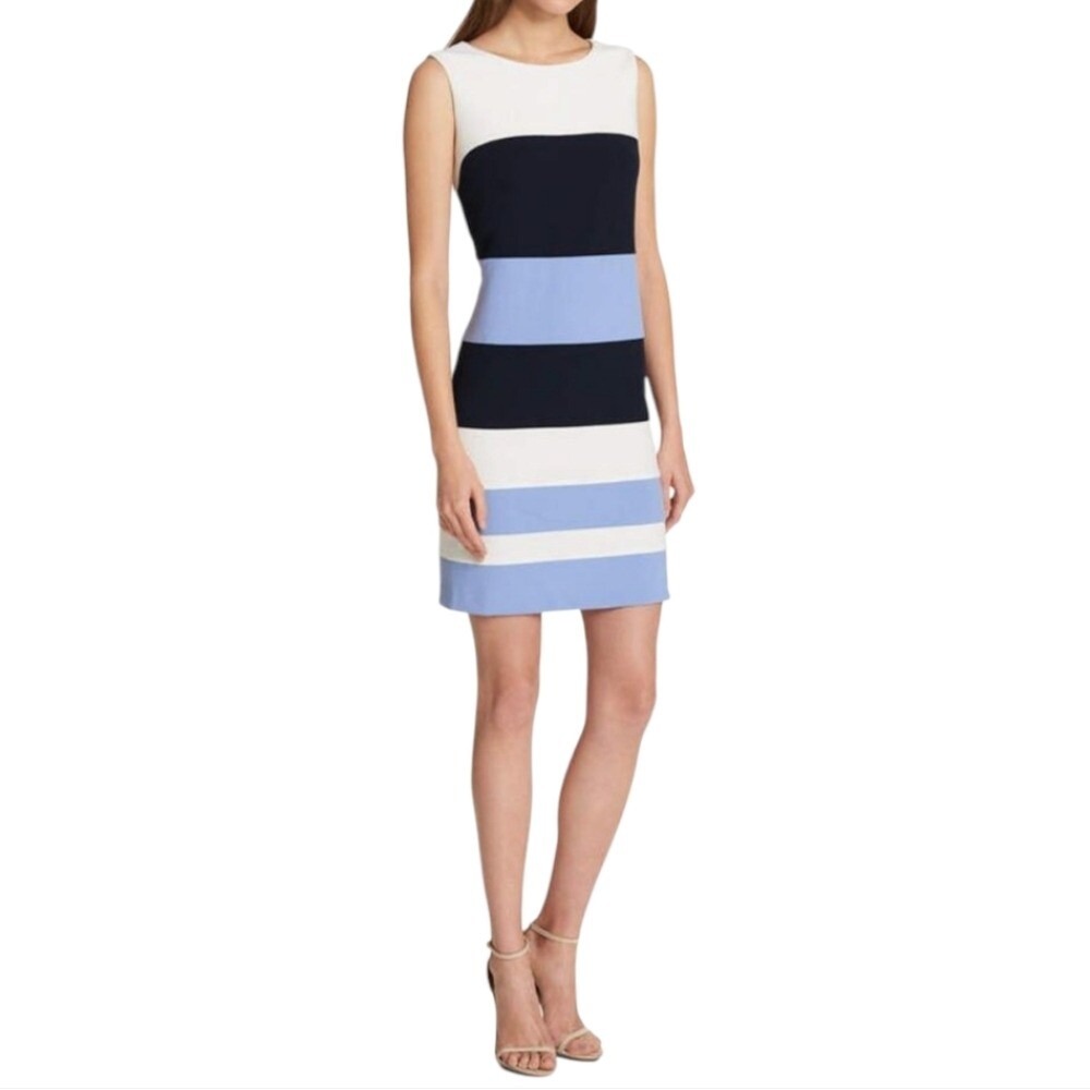 Tommy Hilfiger Dress Womens 8 Sleeveless Colorblock Sheath Navy Blue White Work