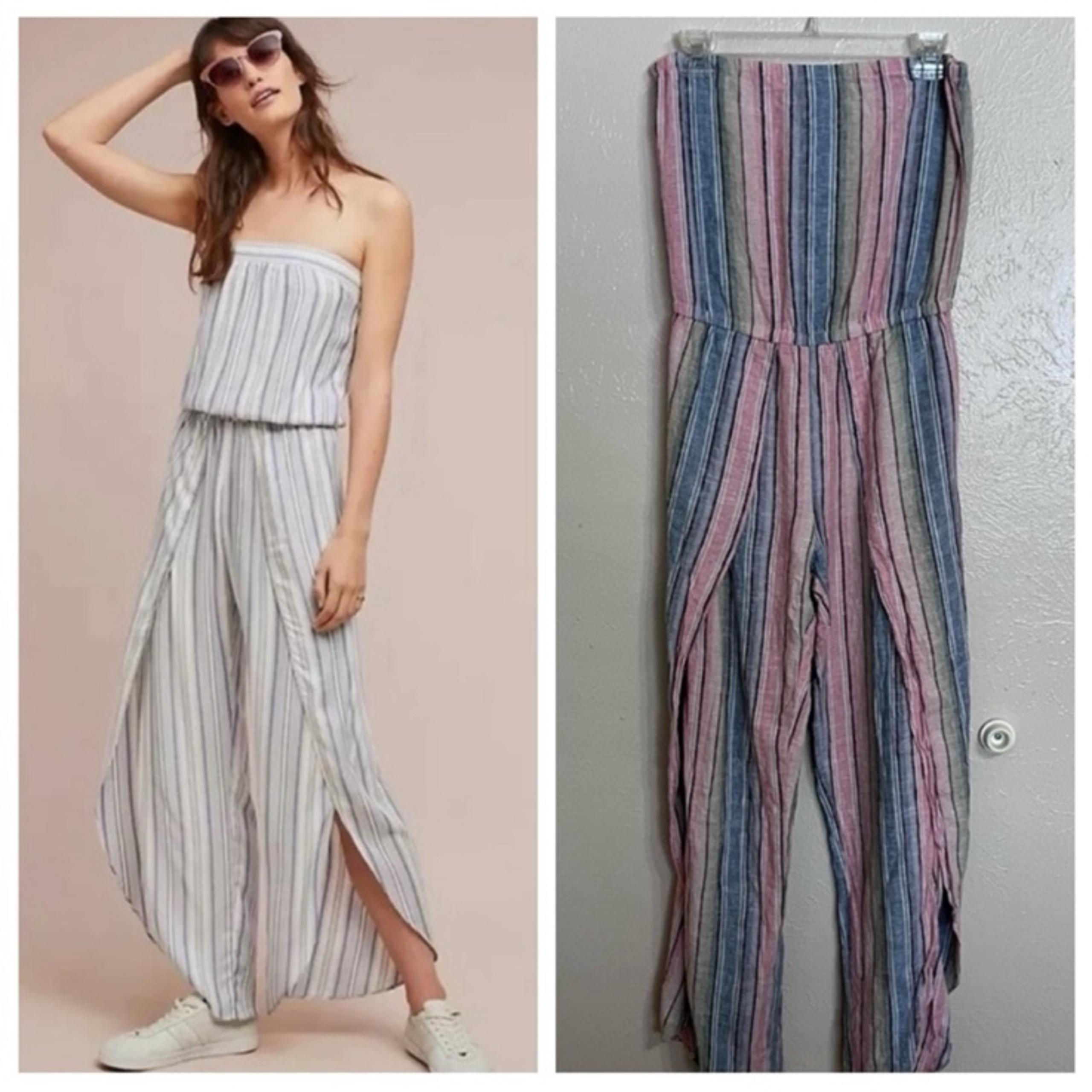 Drew Anthro Emerson Striped Linen Strapless Split Tulip Leg Jumpsuit Women Small
