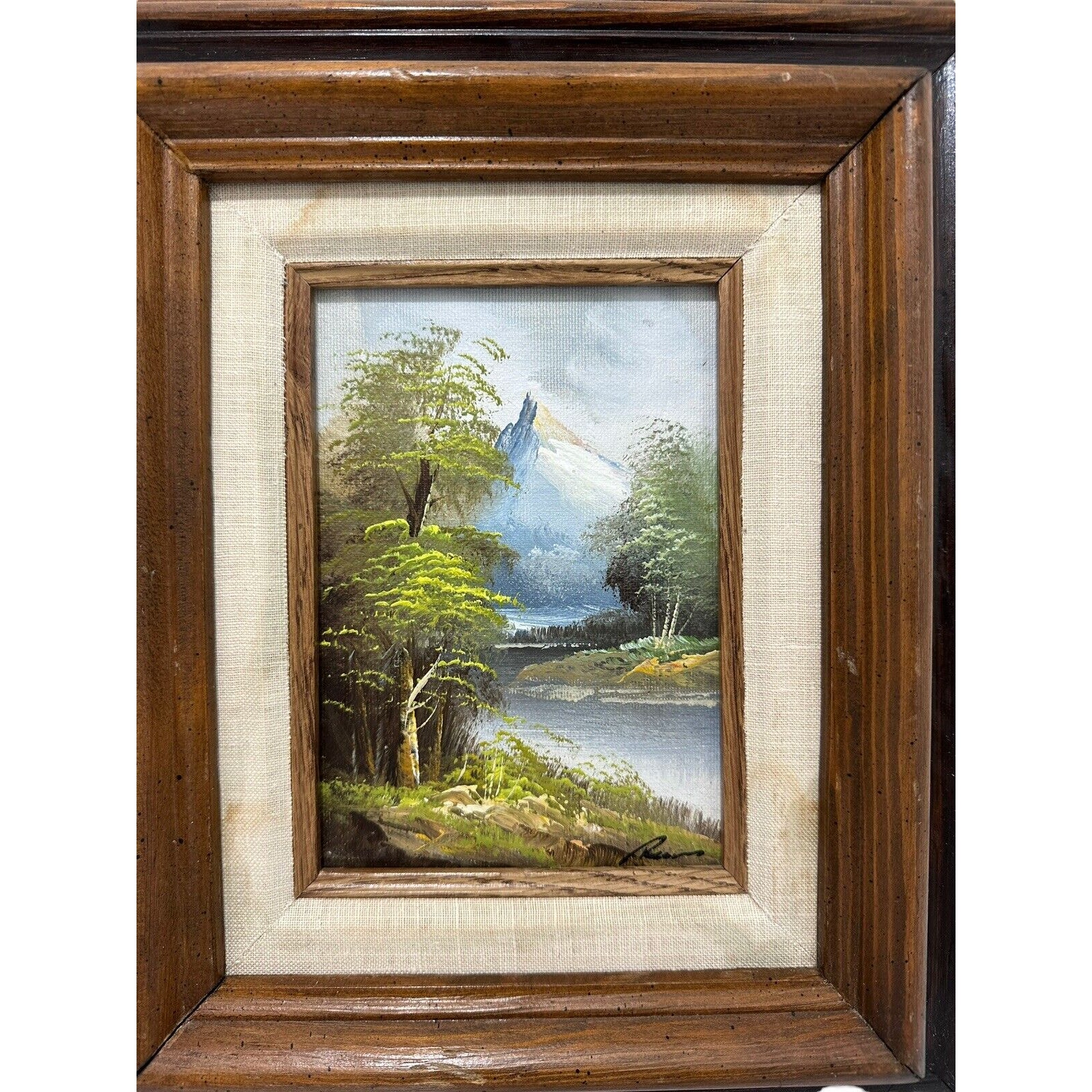 Original Oil on Canvas Painting Framed Signed Landscape Mountain Signed Ricom