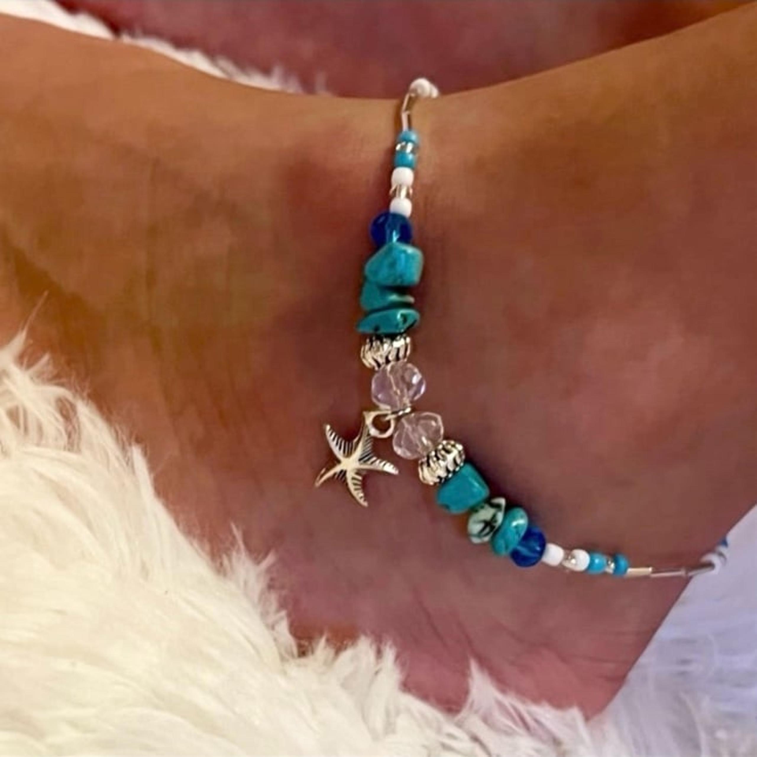 New Starfish Beach Boutique Silver Turquoise Beaded Anklet Summer Jewelry