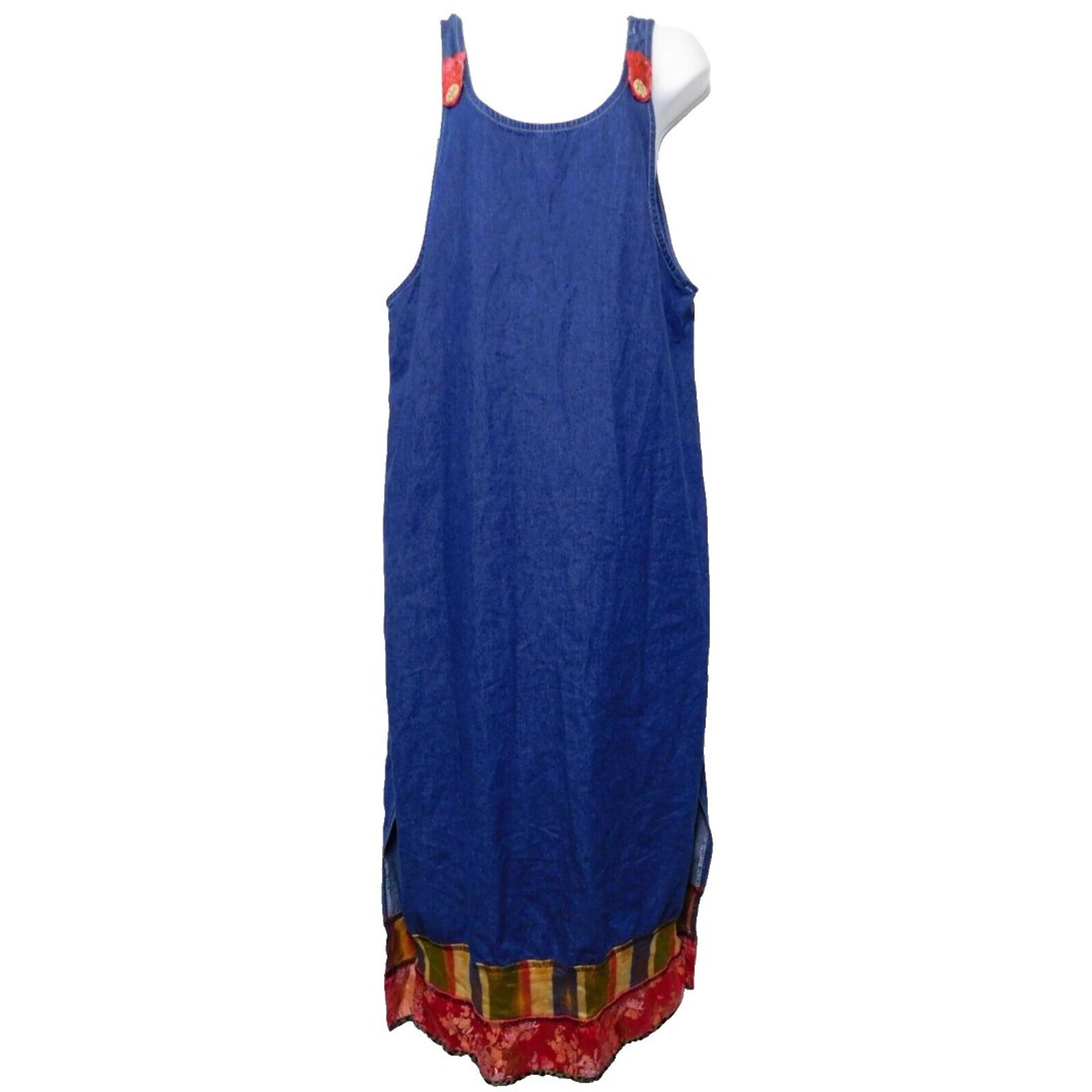 VTG Blue Denim Jumper Dress 12P Long Pinafore Y2K Embellished Modest Piccalino