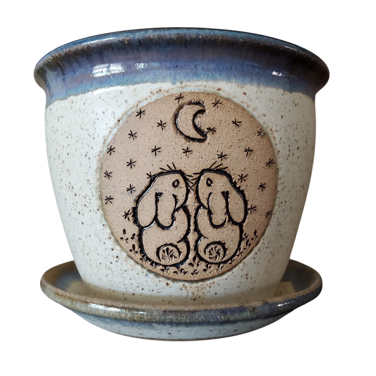 Handmade Bunny Rabbit Pottery Flower Pot Signed Moon & Stars Blue Glazed Small