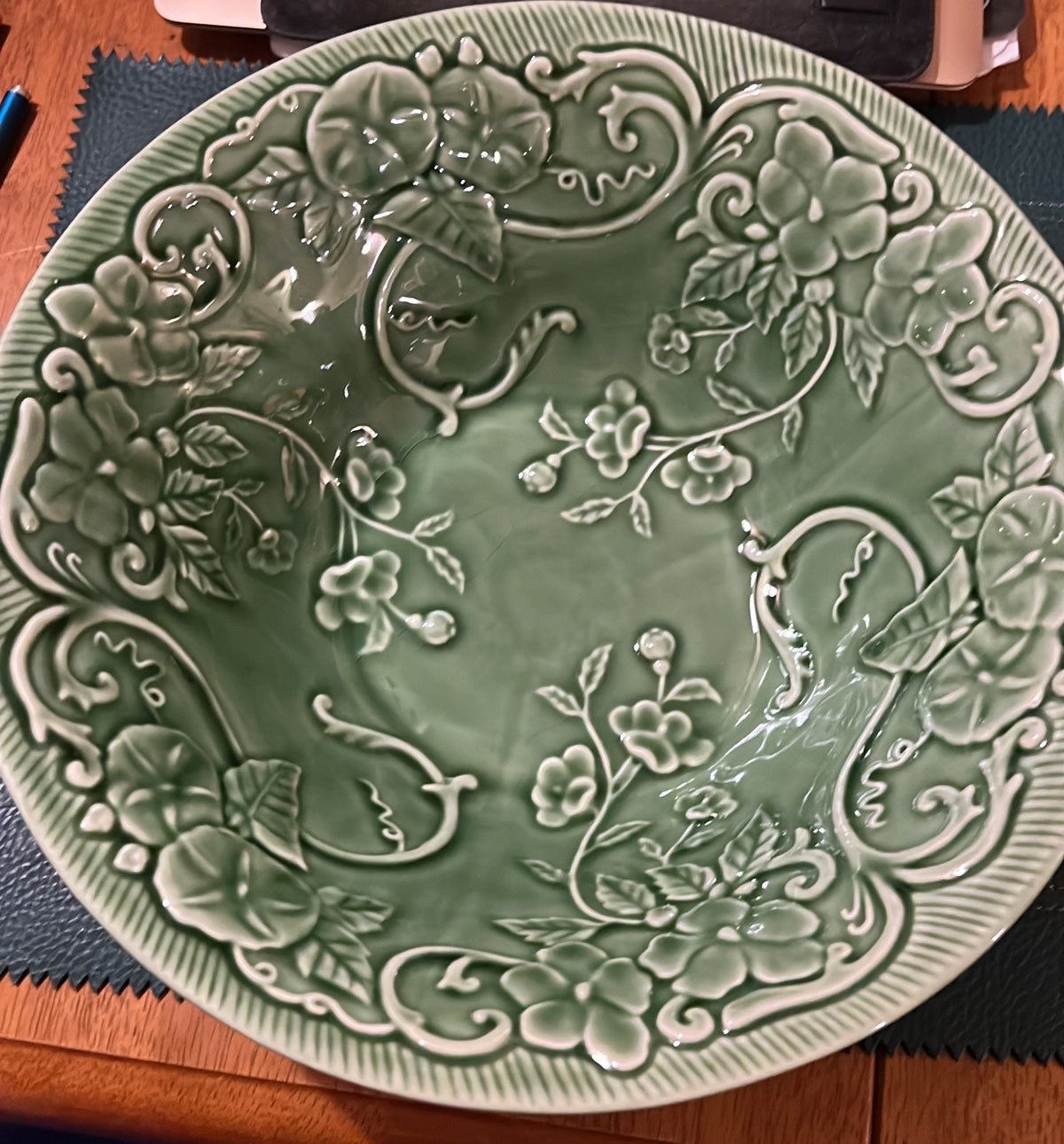 Large Ceramic Green Leaf and Basket Pattern Bowl Made in Portugal, Vintage.