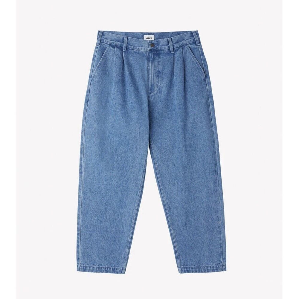OBEY Womens Fubar Pleated Blue Denim Relaxed Tapered Pockets Jean Size 28