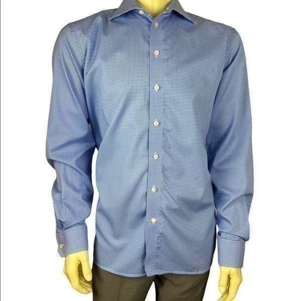 Gently Used Light Blue and White Houndstooth Check Zegna L/S Dress Shirt Size M