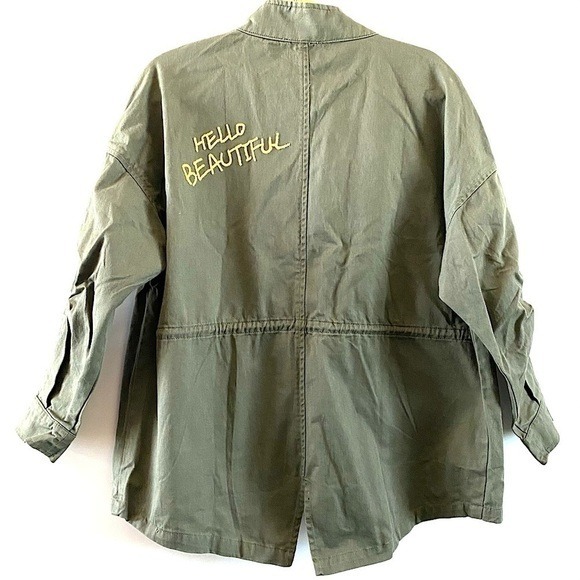Skies Are Blue Utility Jacket size XS Military Green Embroidered Hello Beautiful