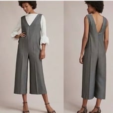 Anthropologie Cartonnier Jumpsuit Women Wide Leg Cropped Stripe V Neck MEDIUM