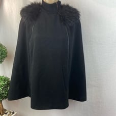 BCBG Black Ryder Fur Trim Pancho Cape S