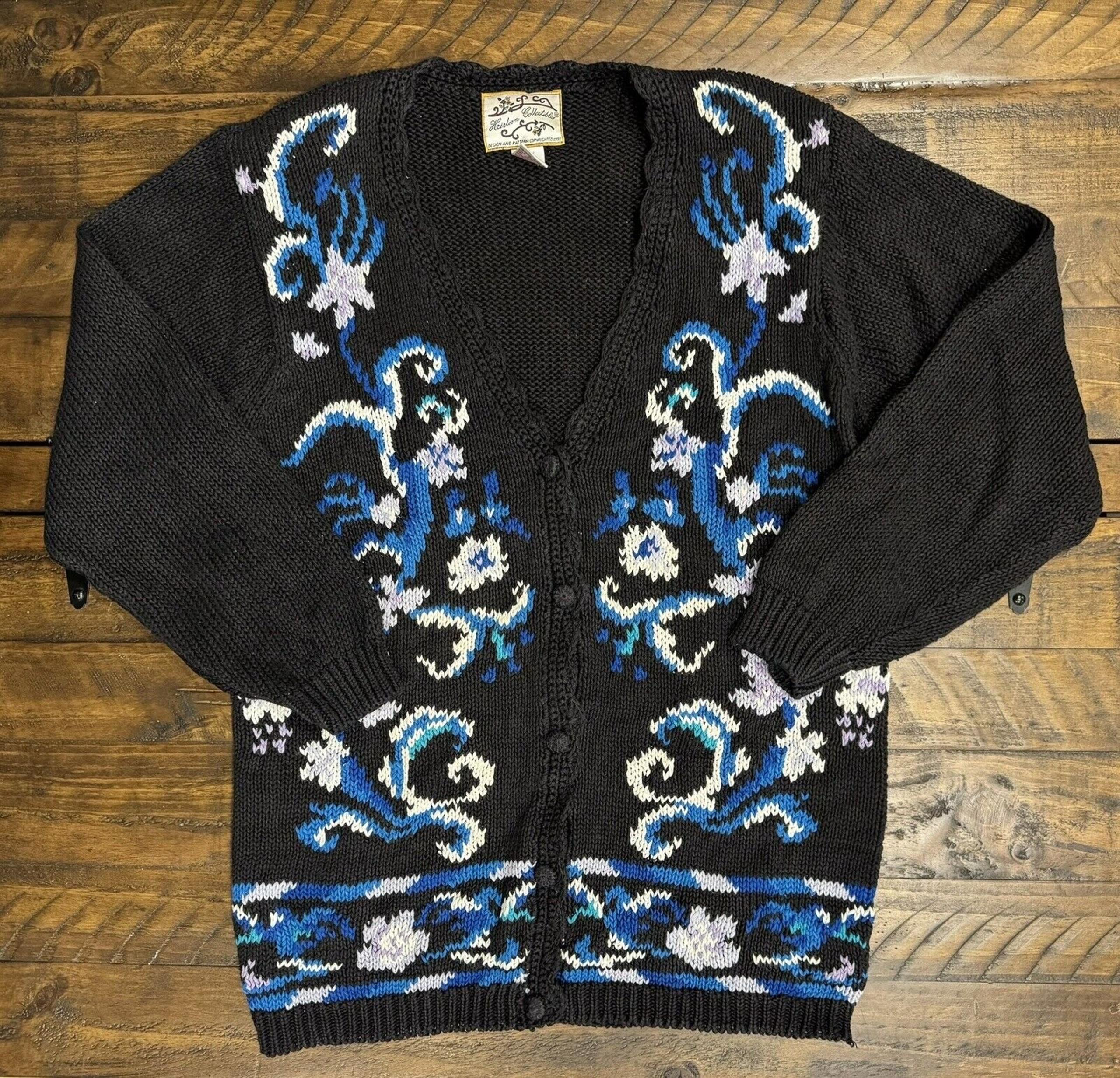 Vintage Heirloom Collectibles Black Floral Embroidered Cardigan Sweater Medium