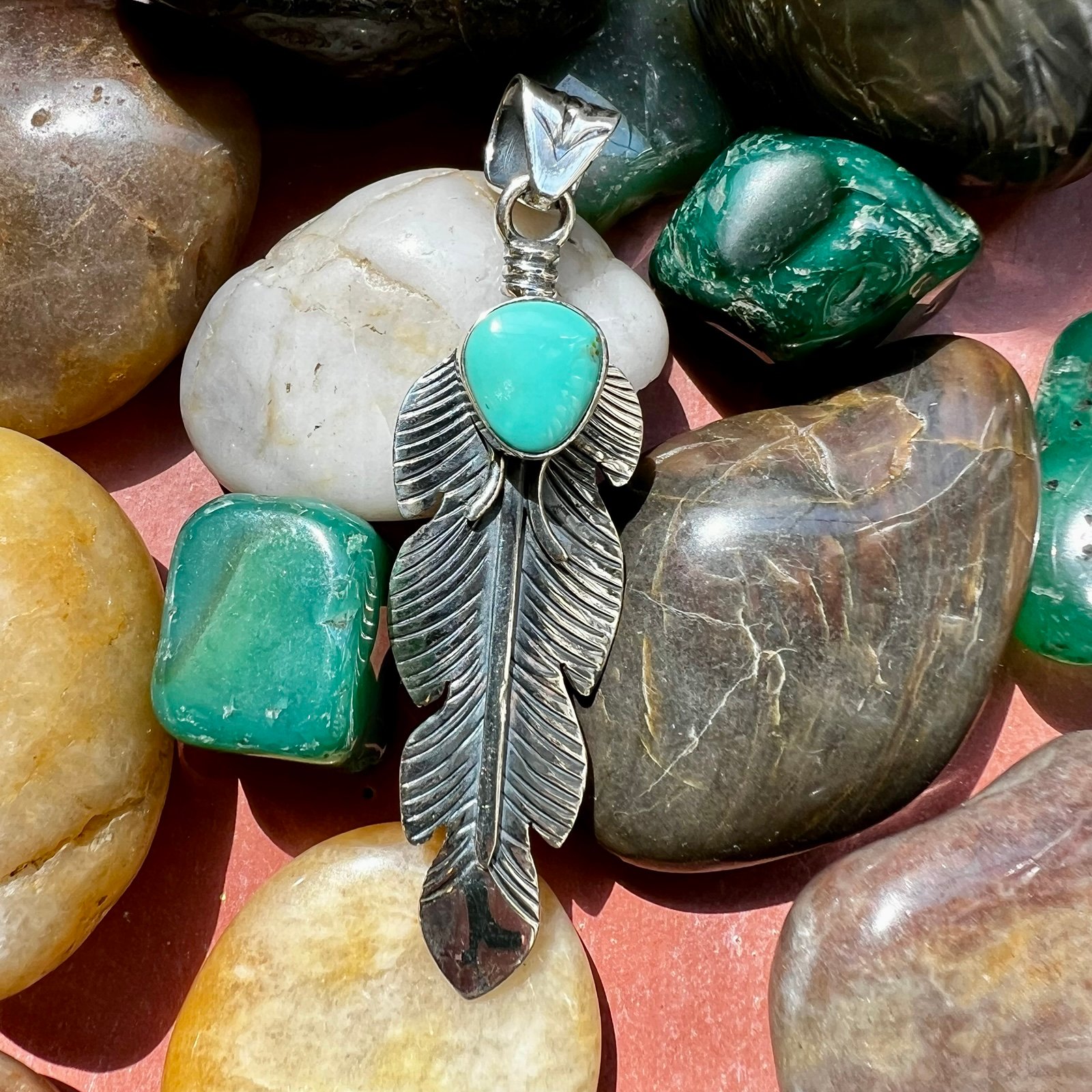 925 Sterling Silver Feather Pendant With Kingman Turquoise