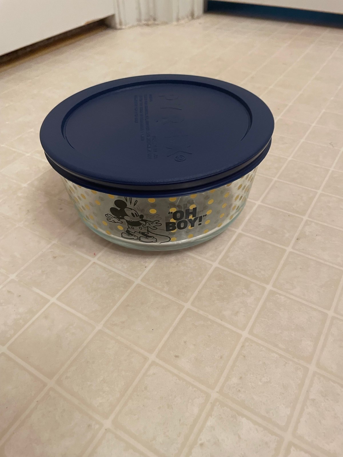 Pyrex Disney Mickey Mouse Glass Storage Bowl 4 Cup Blue Lid Yellow Dots