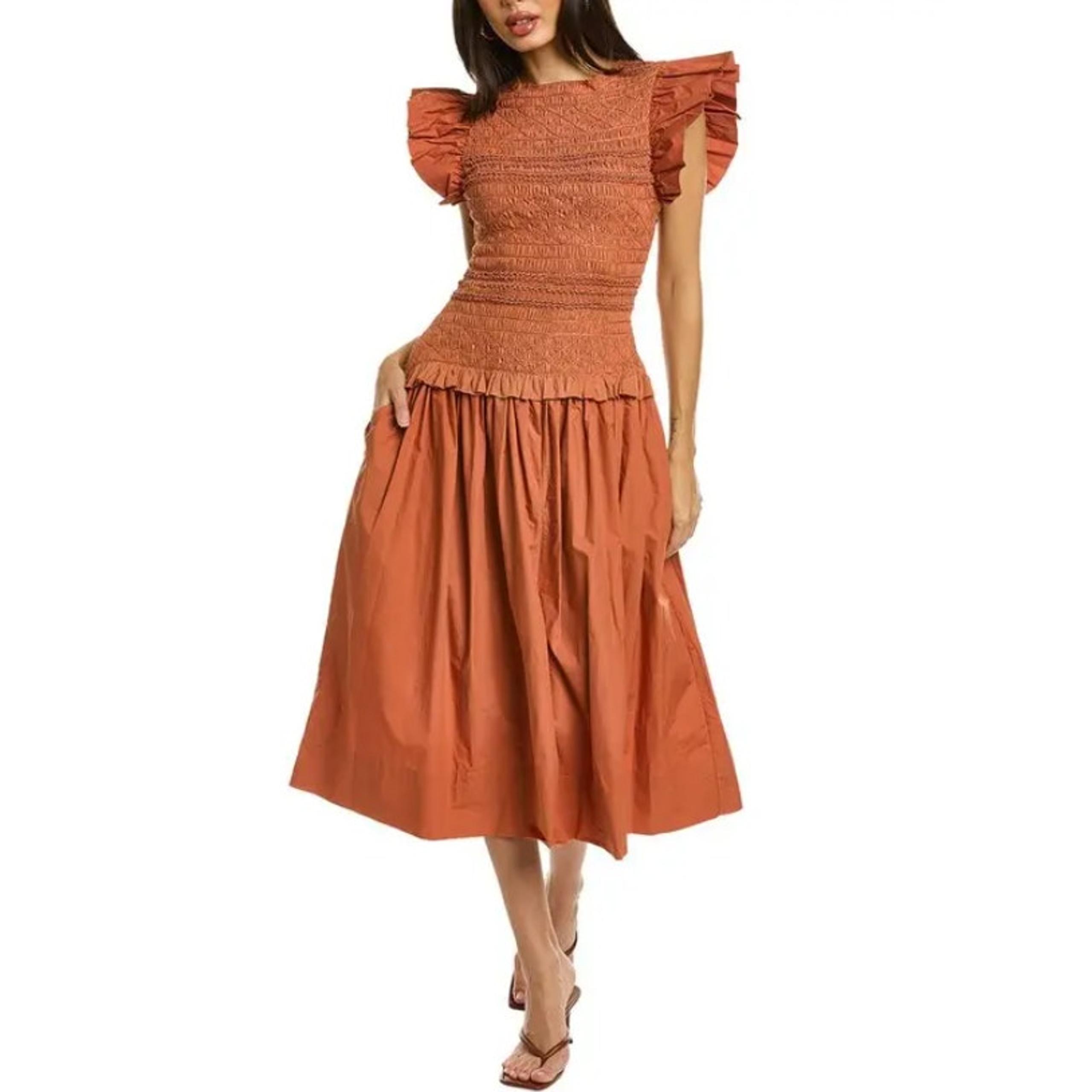 ULLA JOHNSON Women's Madeline Midi Dress Size 2 Orange Clay Ruffle Smocked NWT