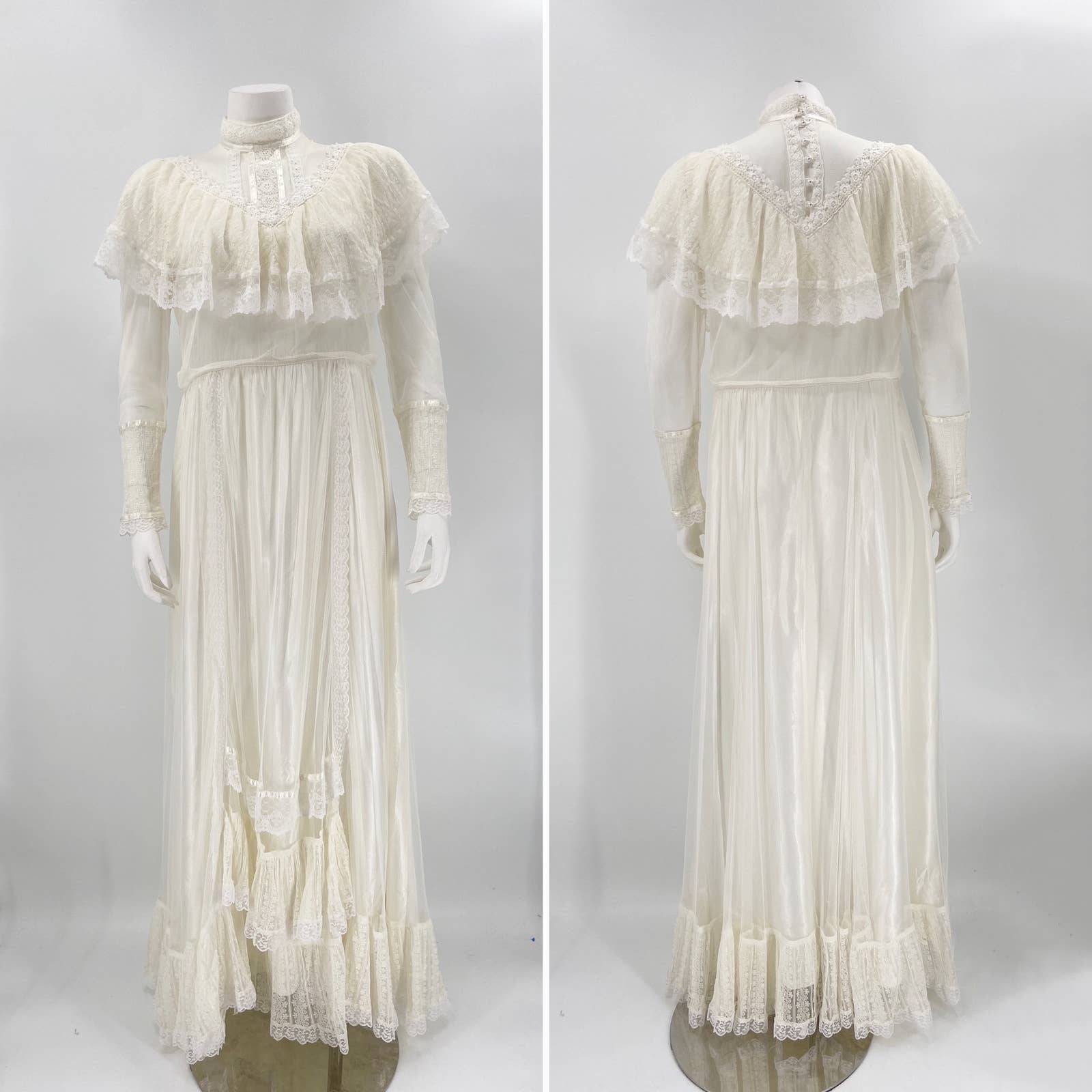 Gunne Sax White Ivory Lace Gown Maxi Bridal High Neck Ruffle Buttons