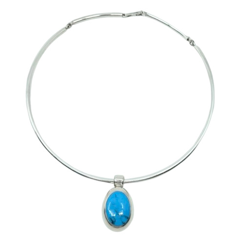Mexican Turquoise Pendant Sterling Silver Torque Necklace Southwestern Style
