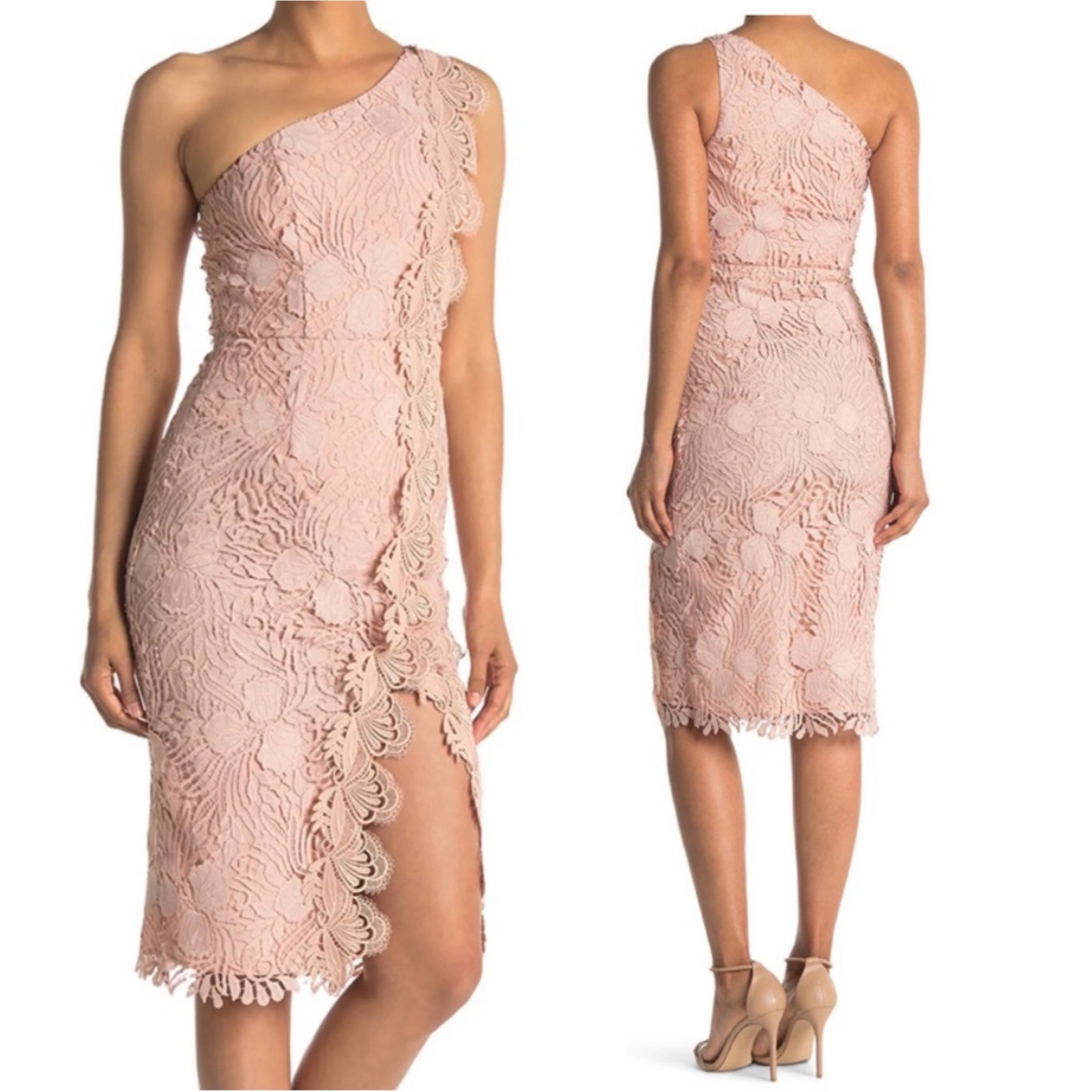 Reiss Mena Dress Lace One-Shoulder Nude Peachy Pink Knee Length Sz 10