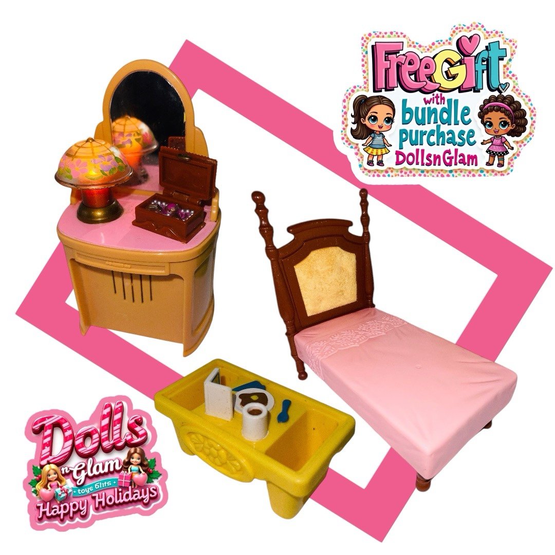 Loving family bed, musical dresser & tray dollhouse fisher price pro furniture