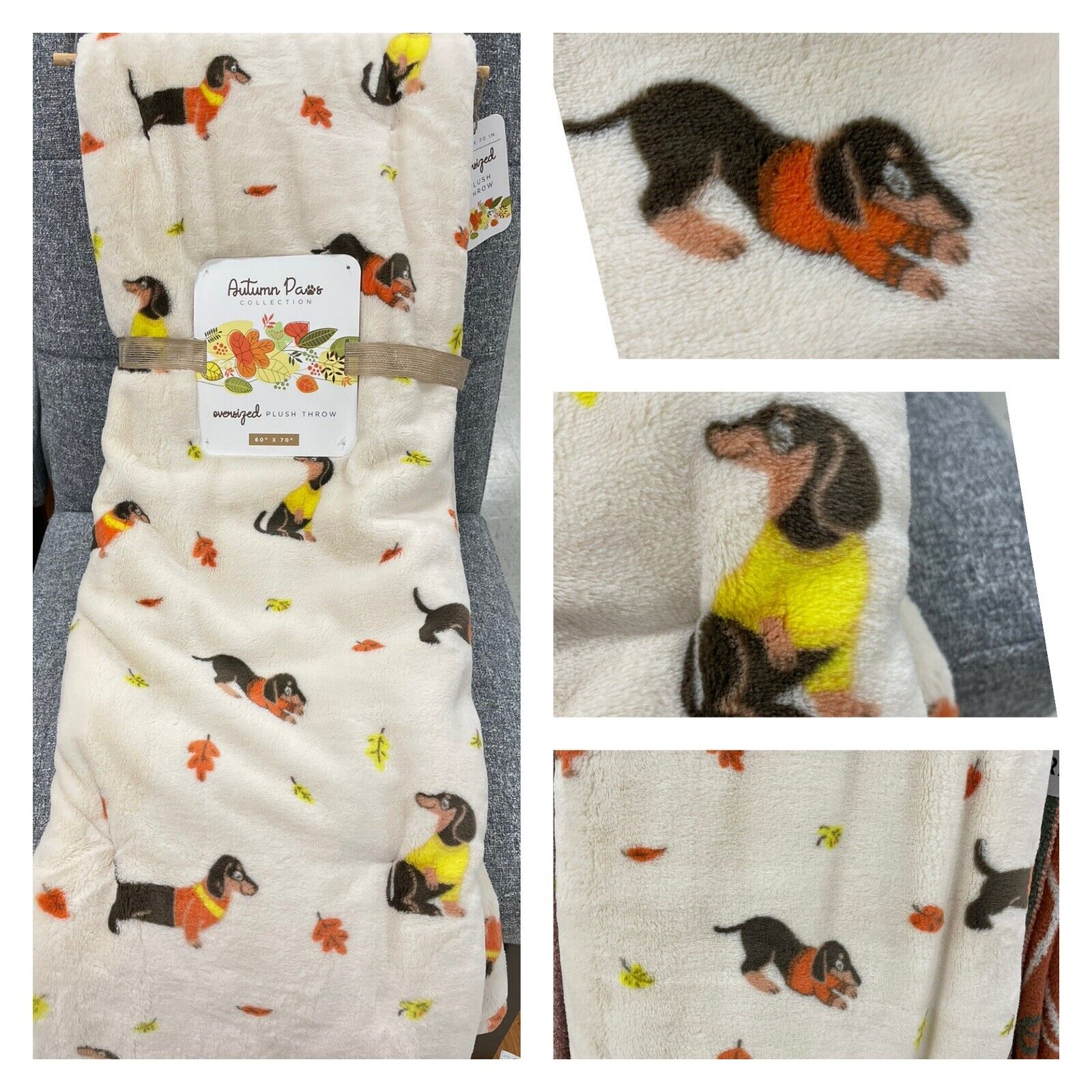 DACHSHUND DOGS In SWEATERS 60x70” Fall Leaves Dog Autumn Throw Blanket NEW
