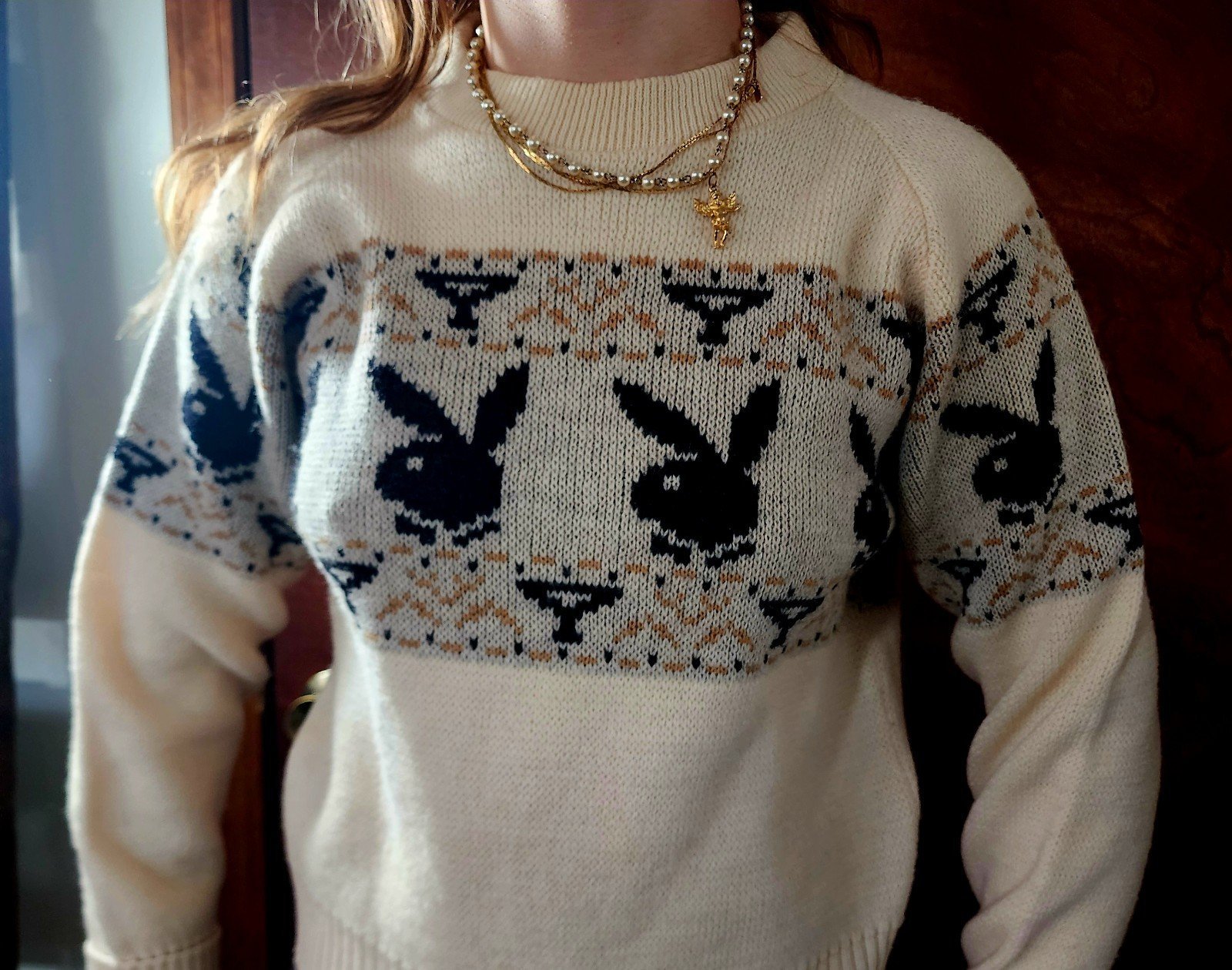 Vintage Playboy by Puritan All Wool Knit Beige Bunny Sweater Size M *EXCELLENT*