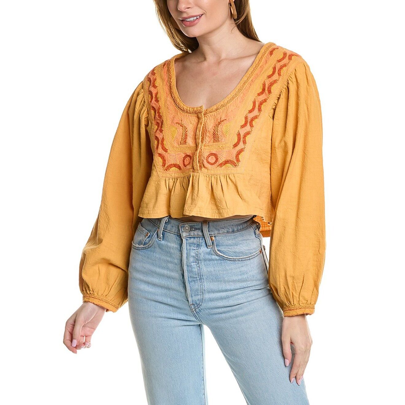 NWT Free People Iggie Embroidered Top 148 Boho Orange Crop Medium Women Blouse