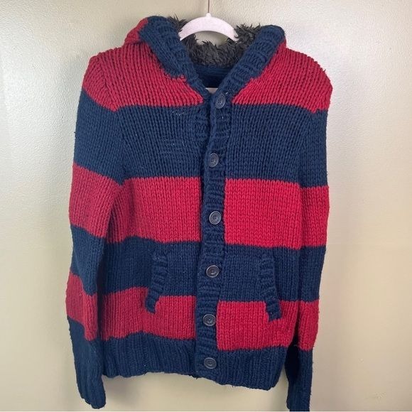 Vintage Abercrombie & Fitch Striped Rugby Sherpa Hood Sweater Jacket Sz Med Y2K