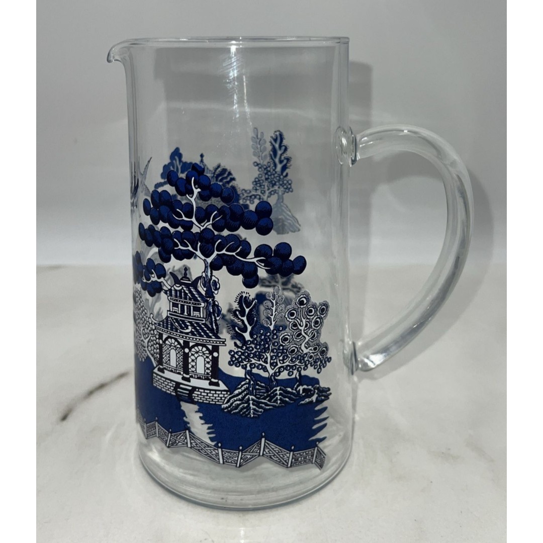 Vintage Glass Blue Willow Martini Pitcher w/ Applied Glass Handle