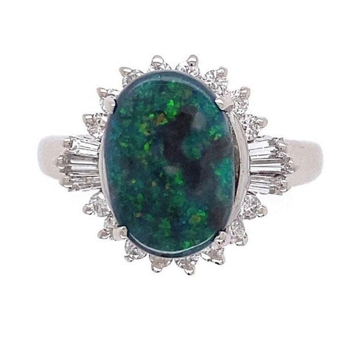 3.65Ct Natural Oval Black Opal & Diamond Halo Solitaire Ring 14k White Gold
