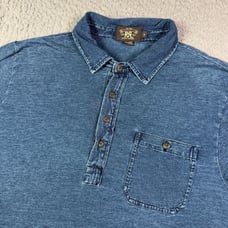 RRL Ralph Lauren Polo Shirt Mens XL Blue Indigo Garment Dyed Cotton Pocket