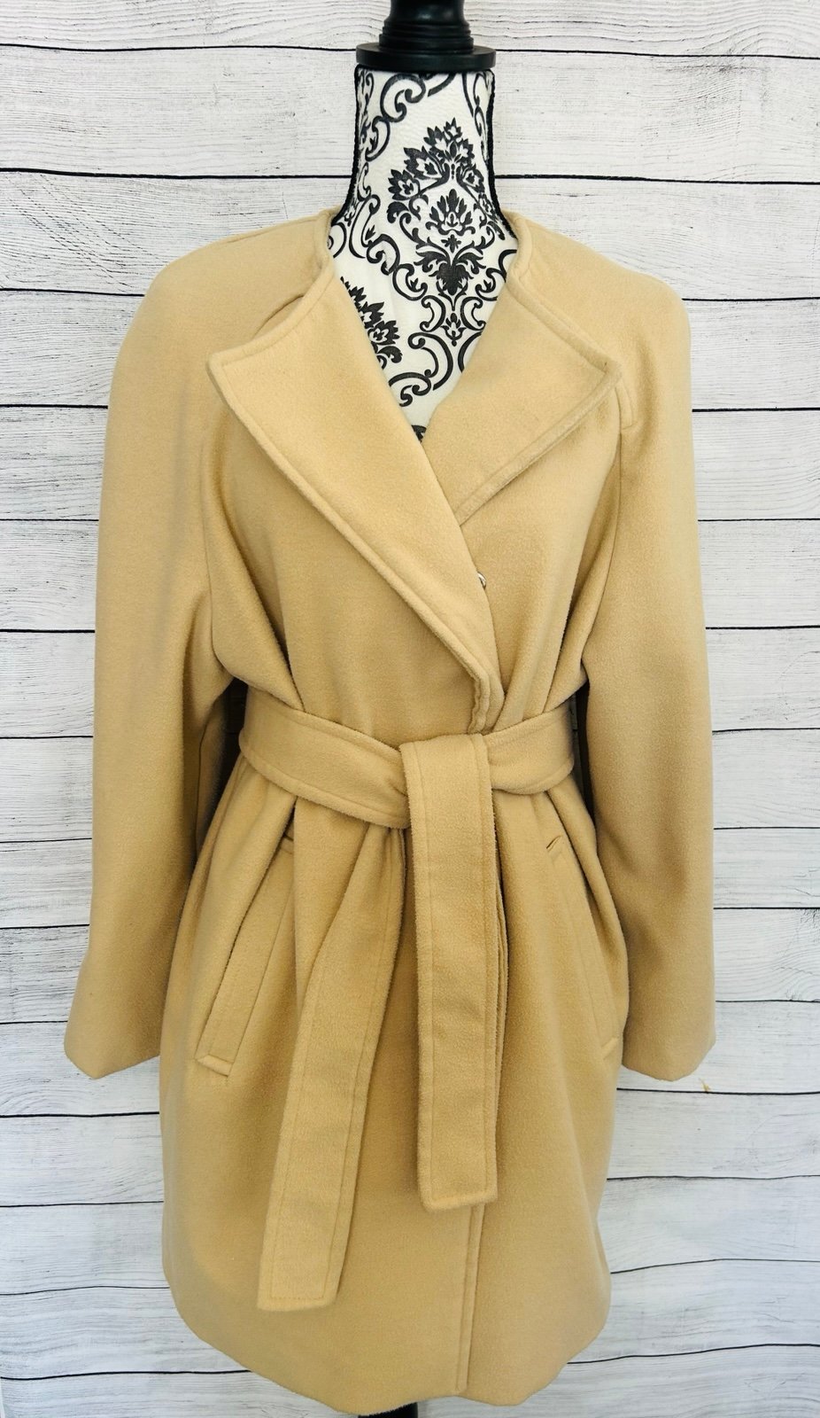 Glamour Women’s Tan Camel V-Neck Single Breasted Belted Pea Coat Size XL