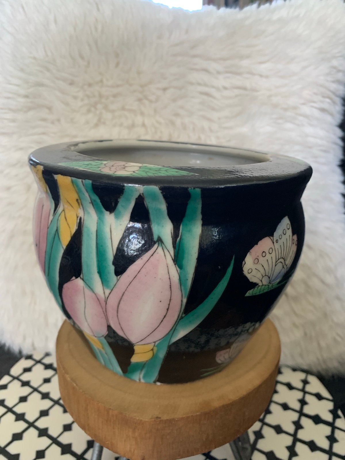 Vintage Chinese Chinoiserie Black Flowers With Butterflies Ceramic Planter