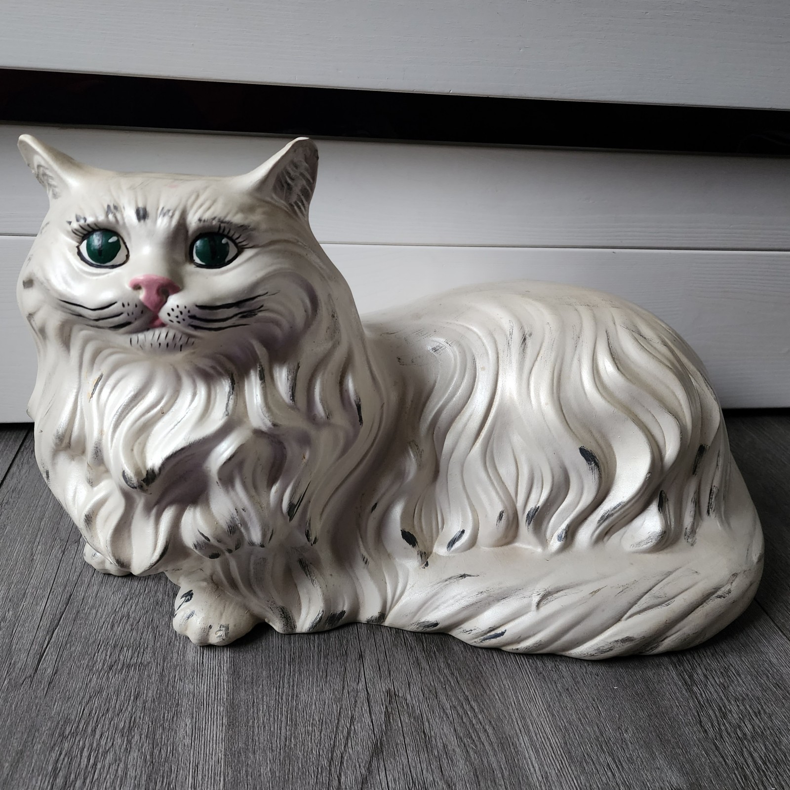 Vintage White Ceramic Persian Cat Statue Laying Down Life Size Mid Century MCM