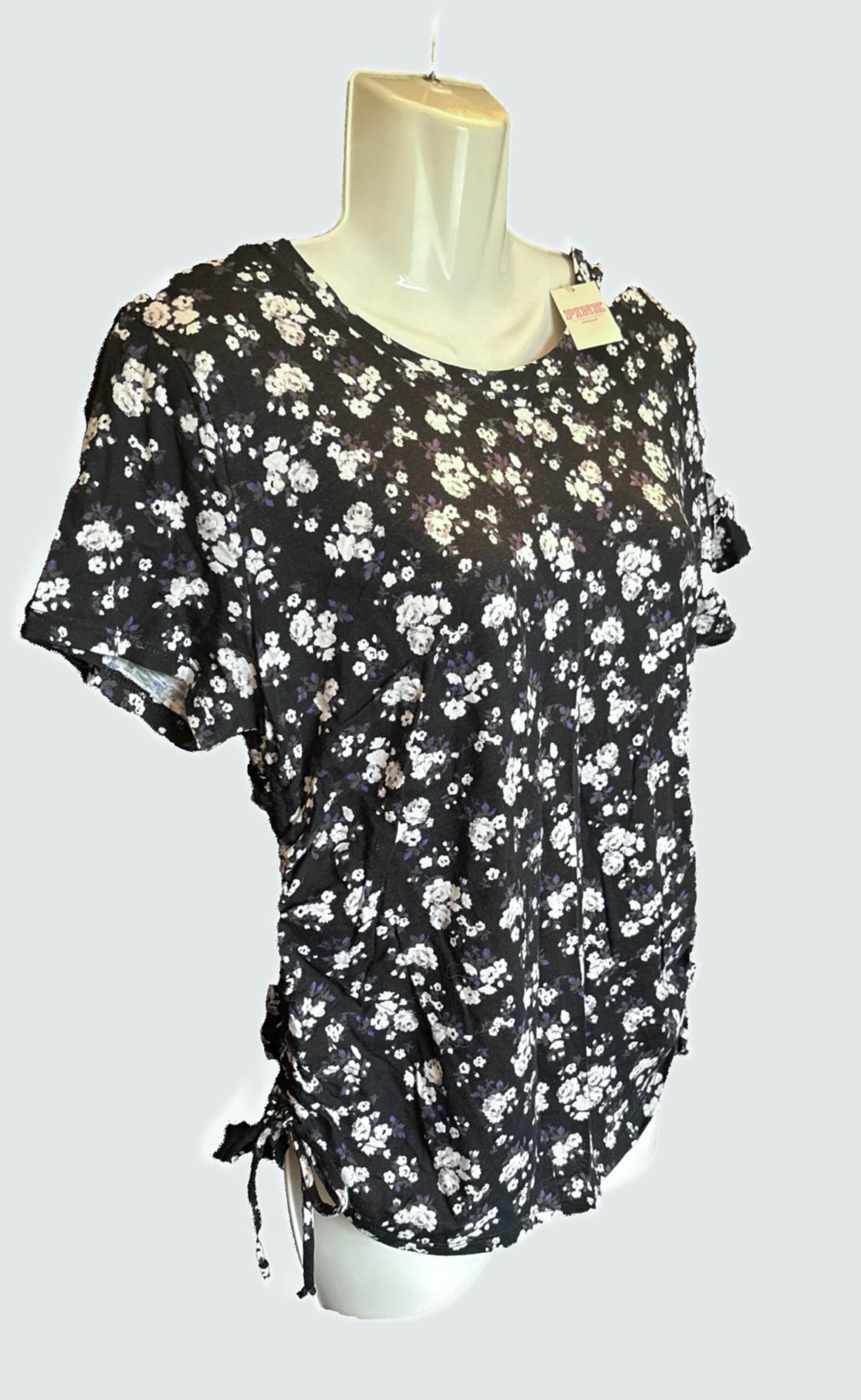 NWT~Women’s~PINK VICTORIA’S SECRET~Black Floral T-shirt~SIZE S~Drawstring~SKU053