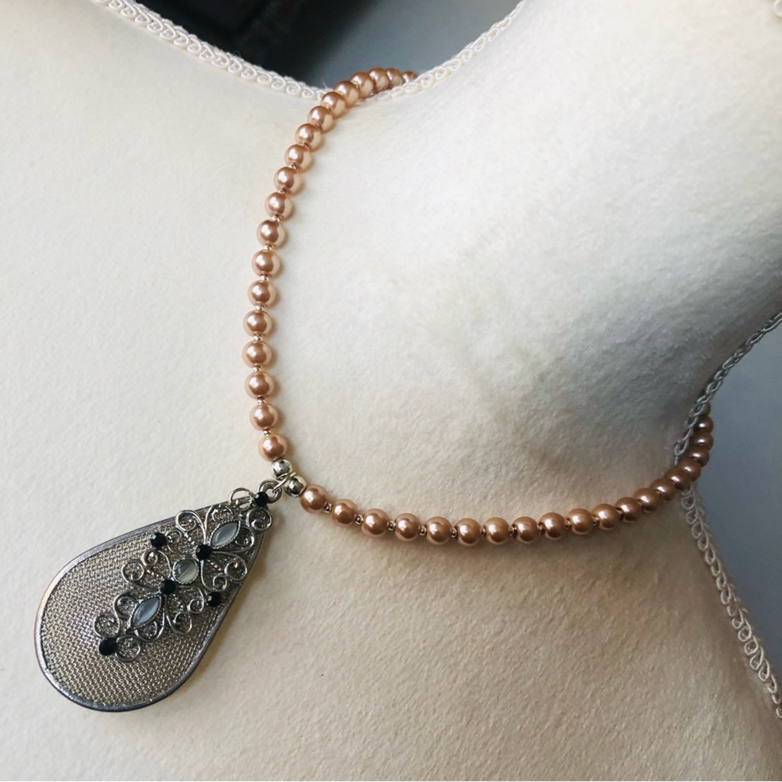 Handcrafted repurpose stone filigree pendant Czech glass Pearl necklace