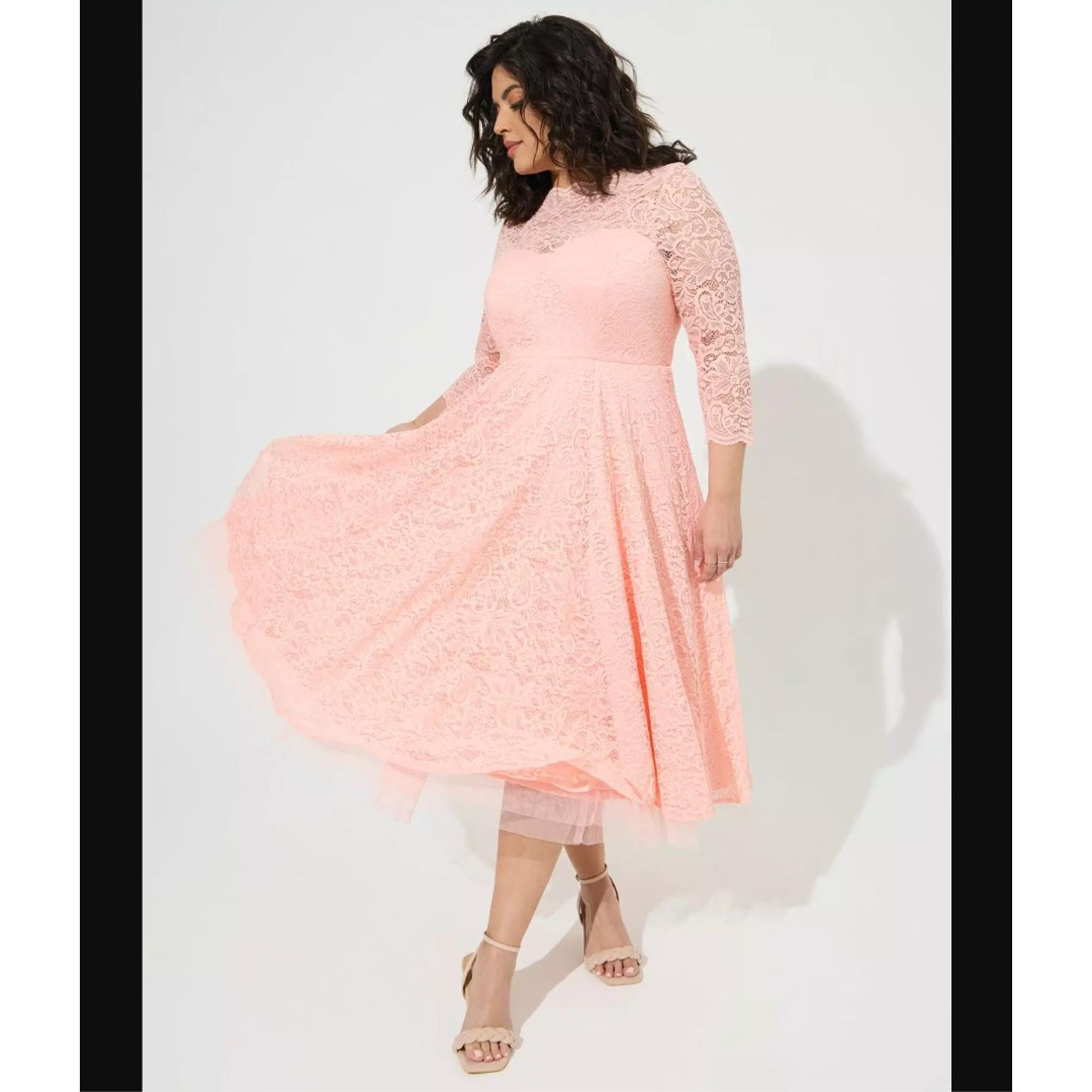 Torrid Pink Midi Floral Lace Illusion Dress A-Line Sz 10 Tulle Wedding Party EUC