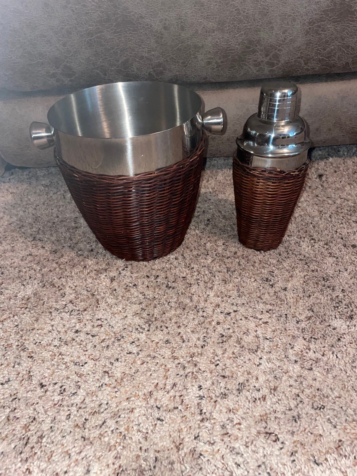 Wicker Wrapped Bar Set Shaker Ice Bucket