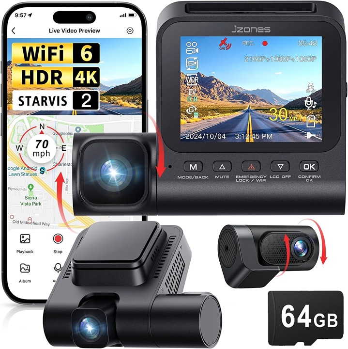 4K Dash Cam – 3-Channel Front, Inside & Rear with Night Vision, GPS & 64GB Card
