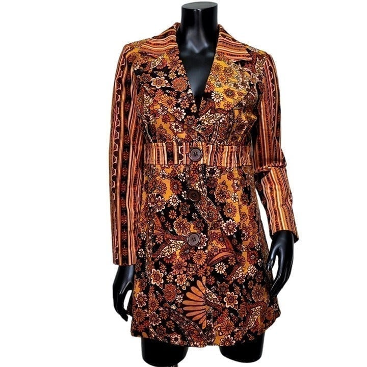 Athena Marie Womens S Multicolor Retro Hippie Floral Pattern Corduroy Pea Coat