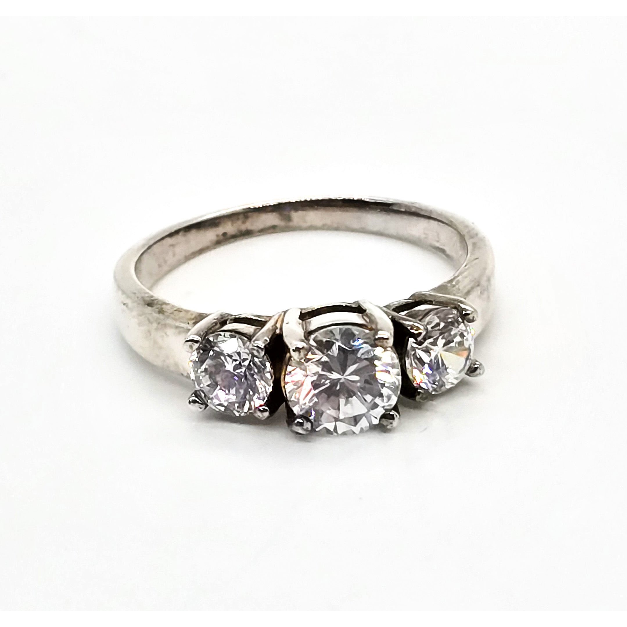 Past Present Future three stone CZ Cubic Zirconia sterling silver ring size 10