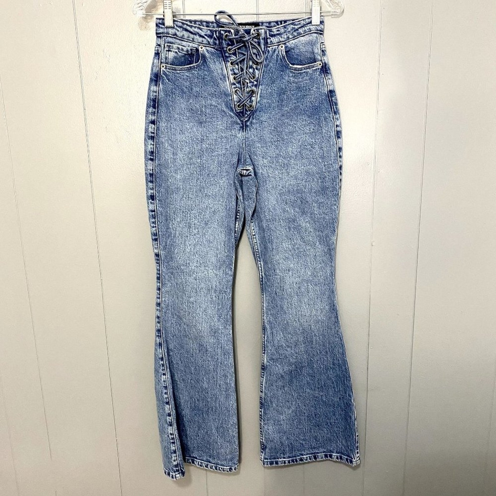 Social Tourist Blue Medium Wash Lace Up Ultra High Rise Flare Boho Jeans 26