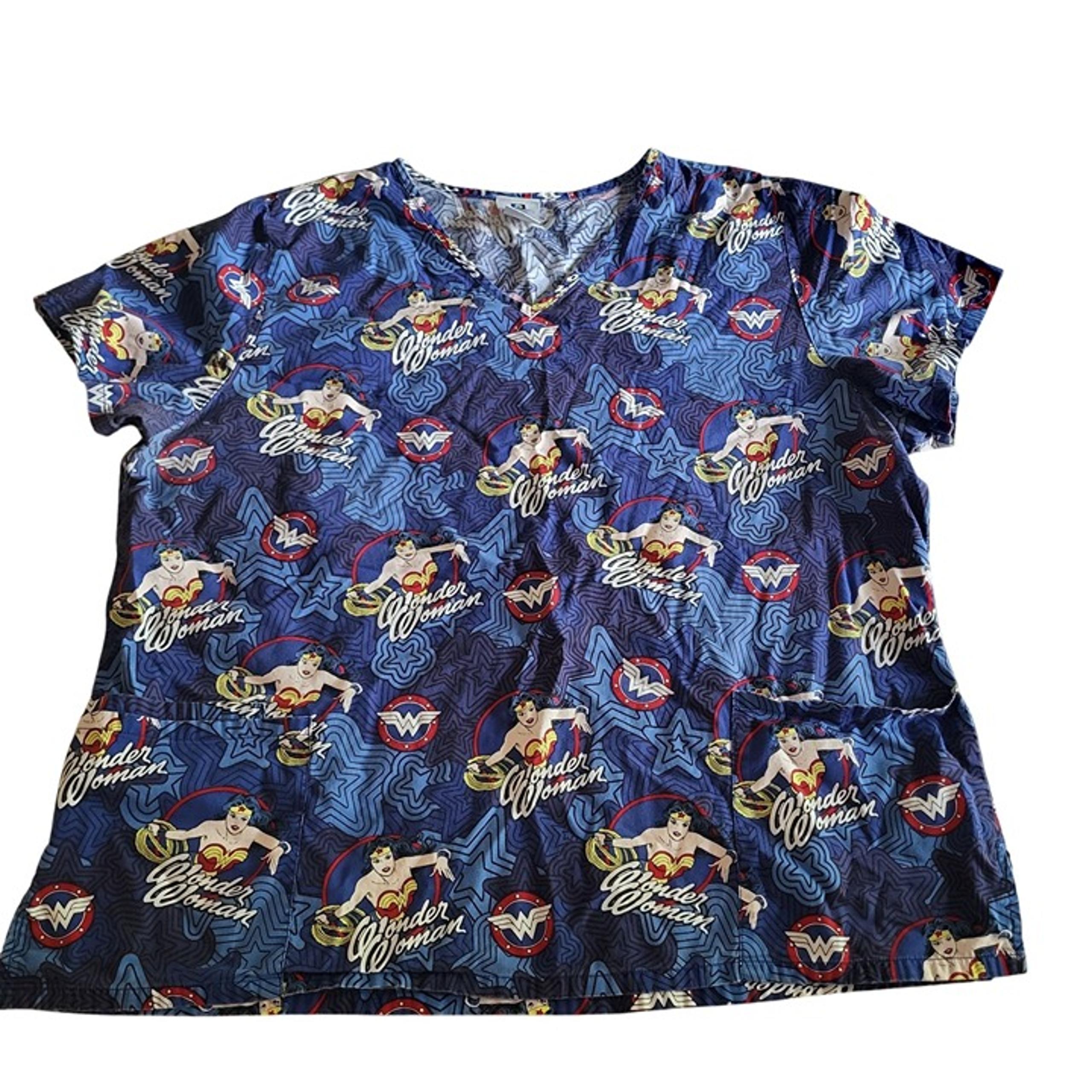 DC Comics Wonder Woman Womens V Neck 2X Scrubs Scrub Top Blue Nursing