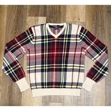 Vintage Polo Ralph Lauren Red GreenPlaid V-Neck Knit Sweater Sz. M Preppy Golf