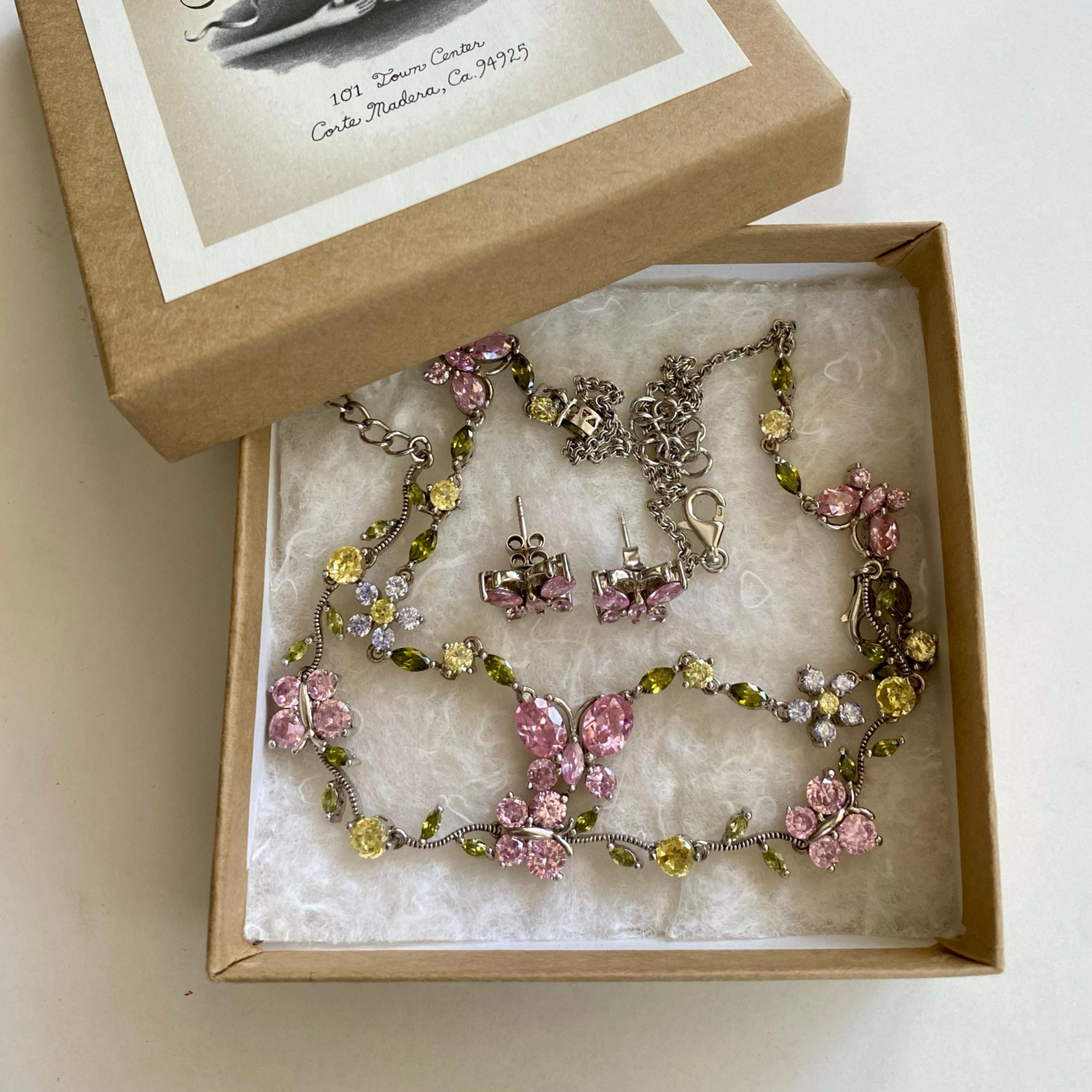 Crystal Butterfly & Flowers Necklace, Bracelet & Earrings Set