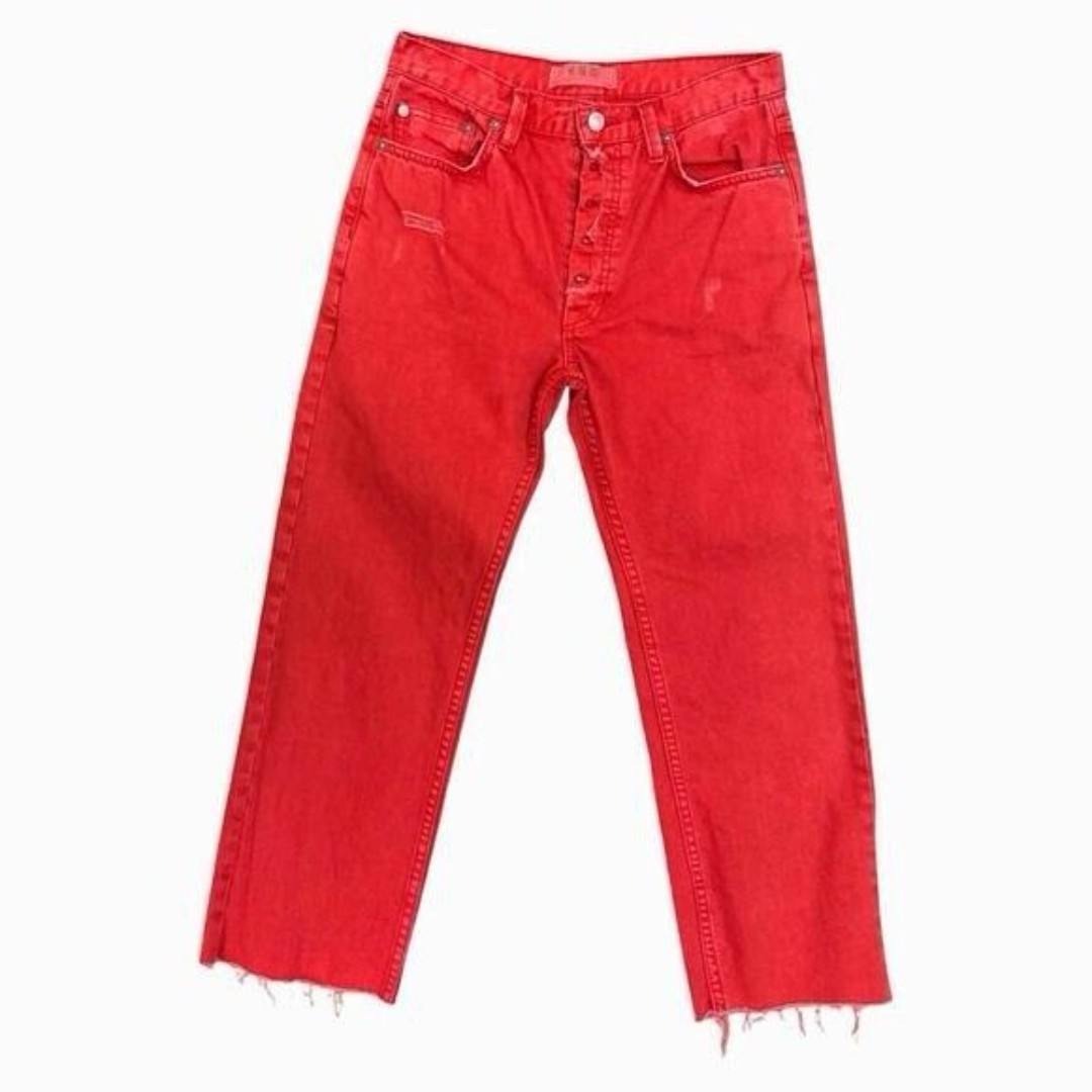 FREE PEOPLE WE THE FREE CROP HIGH RISE WIDE LEG WOMEN JEANS LAVA RED 30X25 EUC