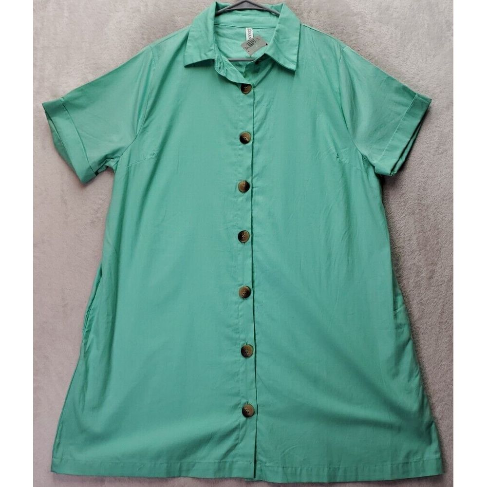 Zenana Shirt Dress Womens XL Mint Cotton Short Sleeve Pockets Collar Button Down