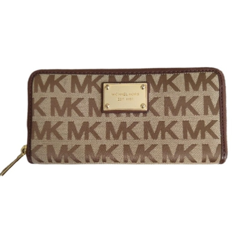 Michael Kors Signature Zip-Around Wallet Beige MK Logo Monogram Gold Hardware